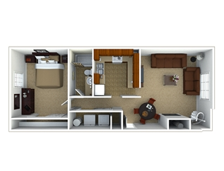 Floor plan for 1 bed, 1 bath, 748 sqft